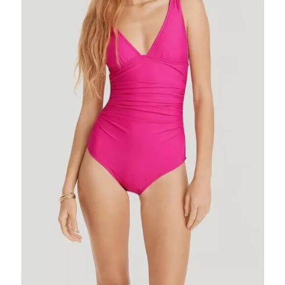 J.Crew Other - J Crew Womens 8 Pink Fuschia Ruched V-Neck Slimming One Piece Swimsuit NWT
